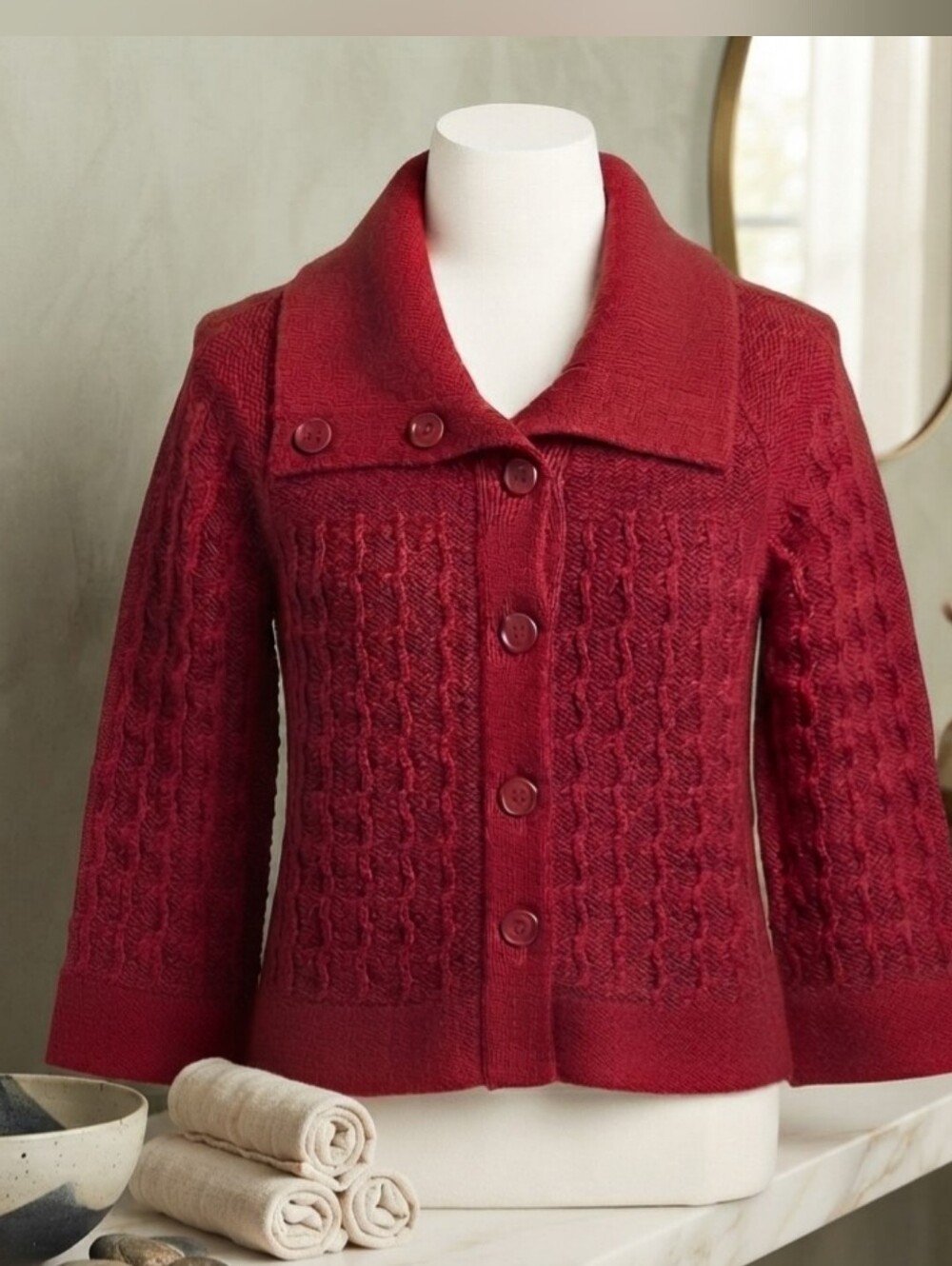 After The Rain Red Cable Knit Collar Button Cardigan Sweater Women's Size S